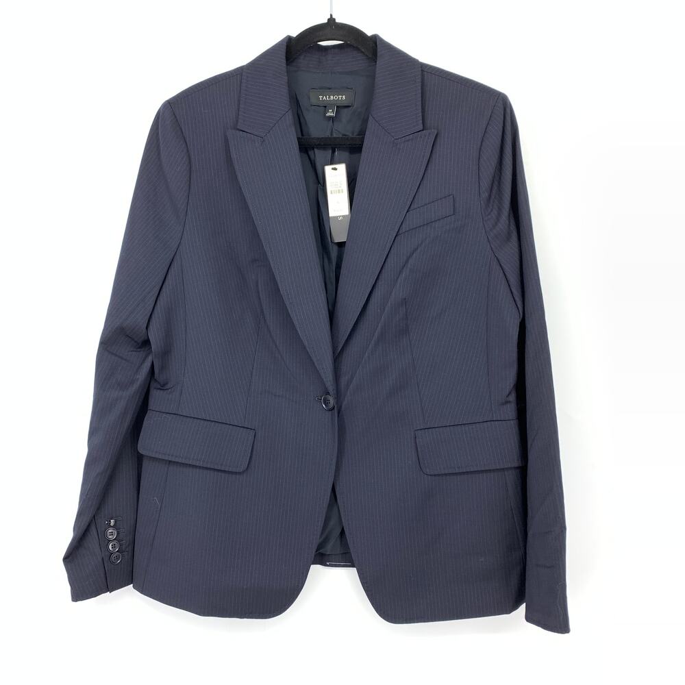 Talbots Single Button Suit Blazer Jacket Womens Size 14 Navy Blue Pinstripe